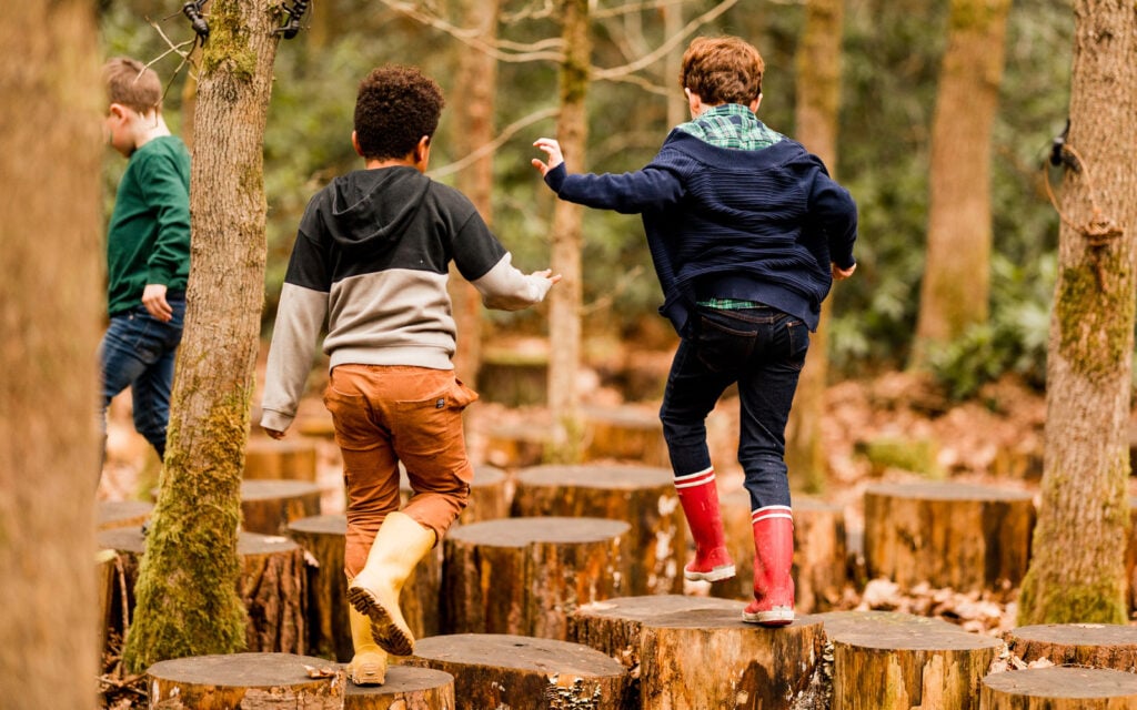 Children playing and balancing on wooden stumps in the woodland